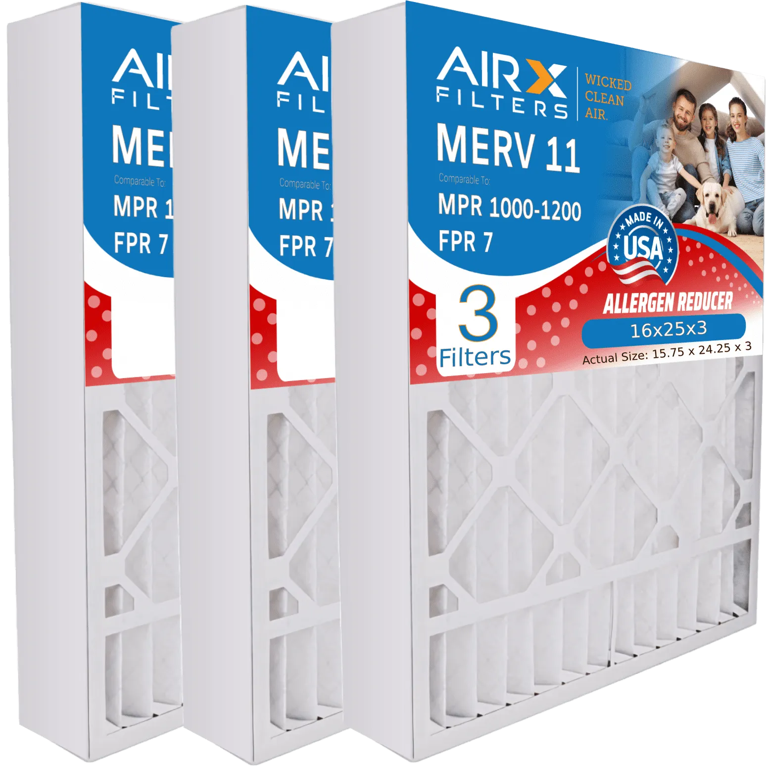 16x25x3 Air Filter MERV 11 Comparable to MPR 1000, MPR 1200 & FPR 7 Compatible with White Rodgers FR1200TM-100 Premium USA Made 16x25x3 Furnace Filter 3 Pack by AIRX FILTERS WICKED CLEAN AIR.