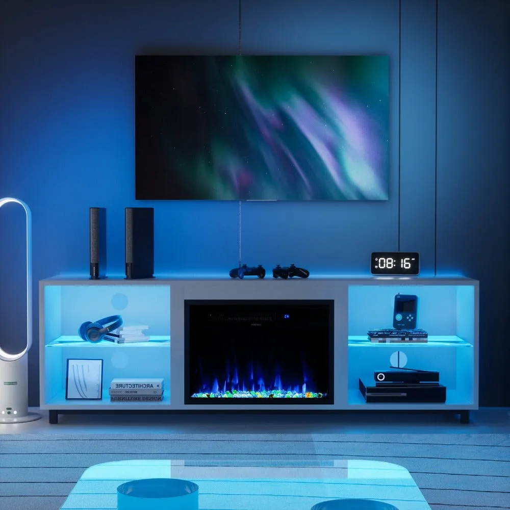 68" Modern LED  Fireplace TV Stand with Adjustable Glass Shelves