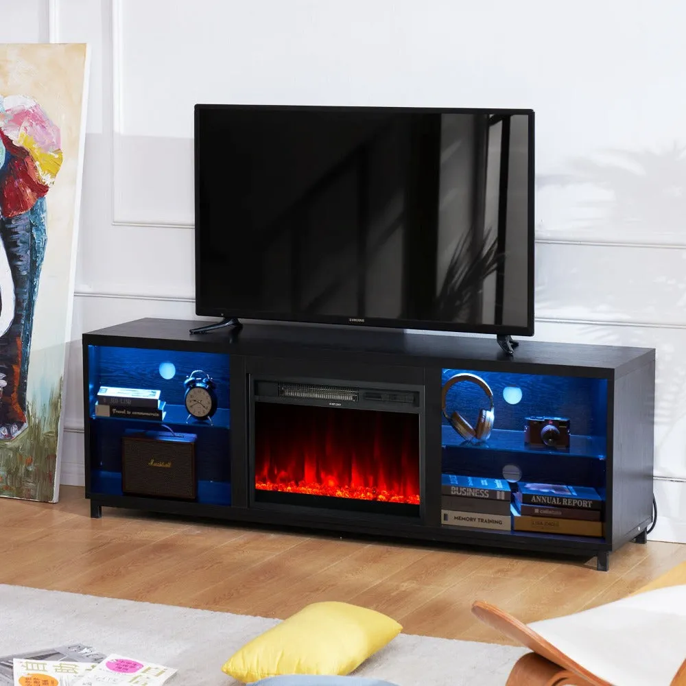 68" Modern LED  Fireplace TV Stand with Adjustable Glass Shelves