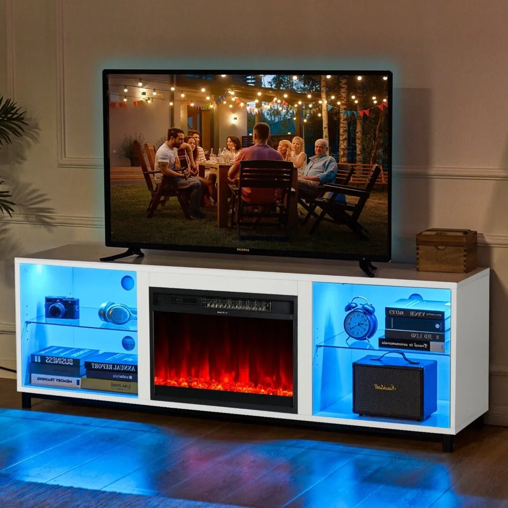 68" Modern LED  Fireplace TV Stand with Adjustable Glass Shelves