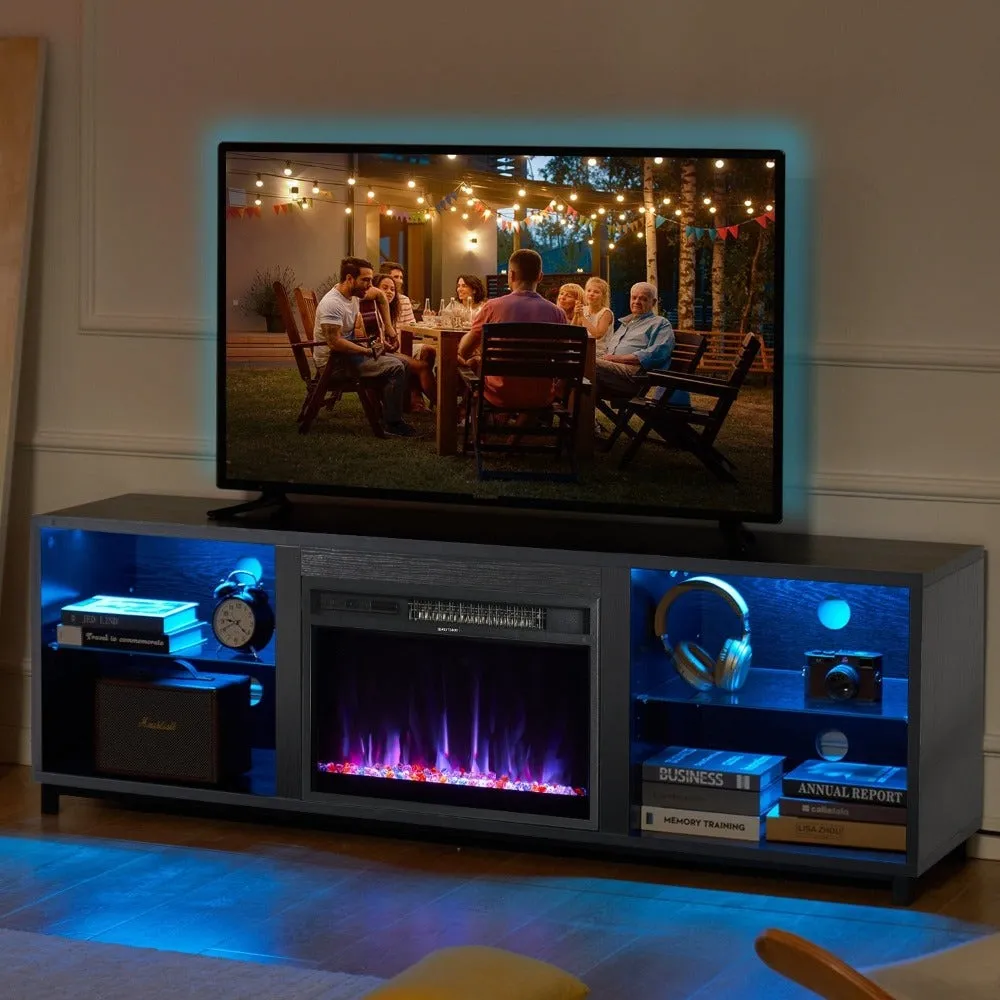 68" Modern LED  Fireplace TV Stand with Adjustable Glass Shelves