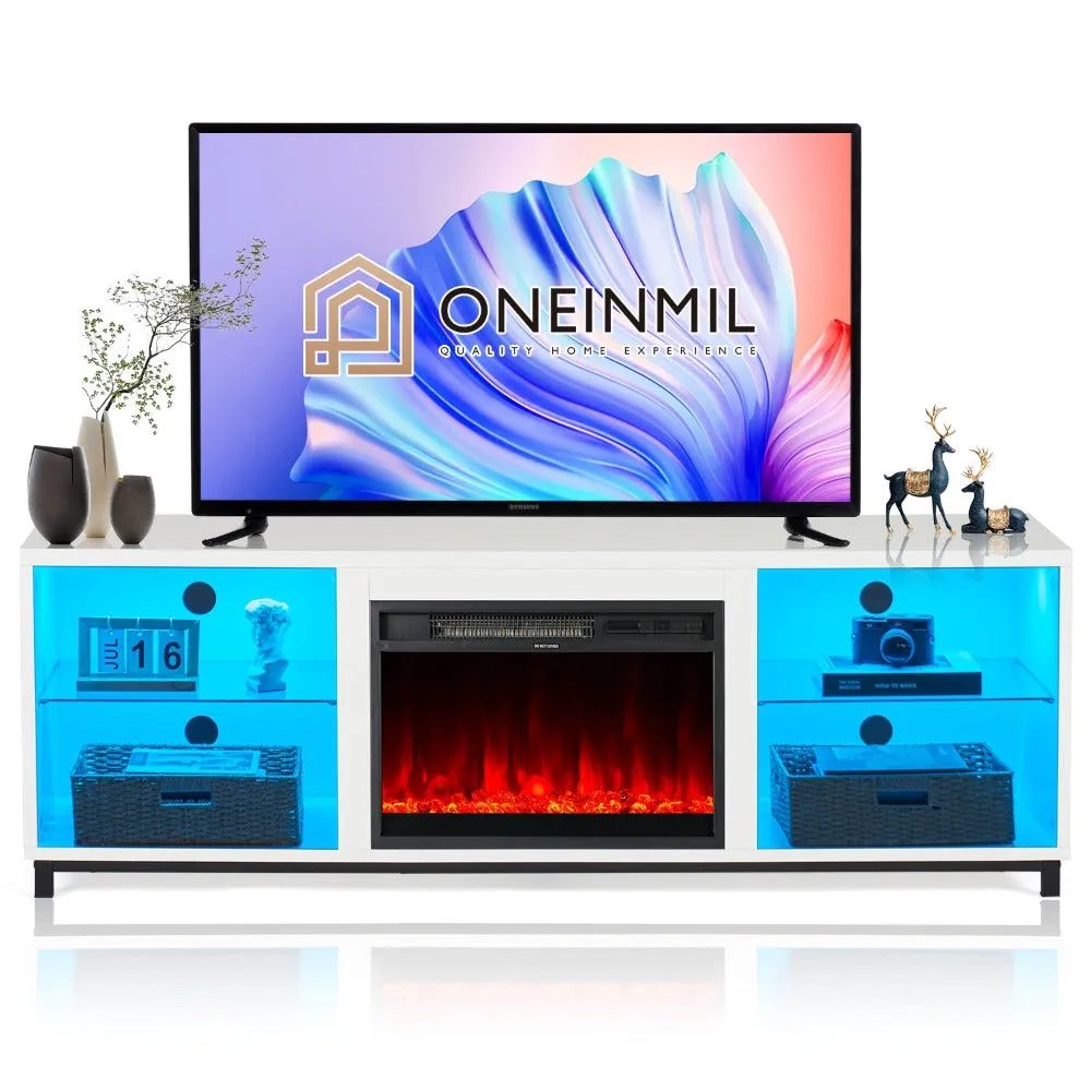 68" Modern LED  Fireplace TV Stand with Adjustable Glass Shelves