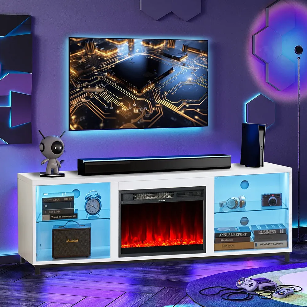68" Modern LED  Fireplace TV Stand with Adjustable Glass Shelves