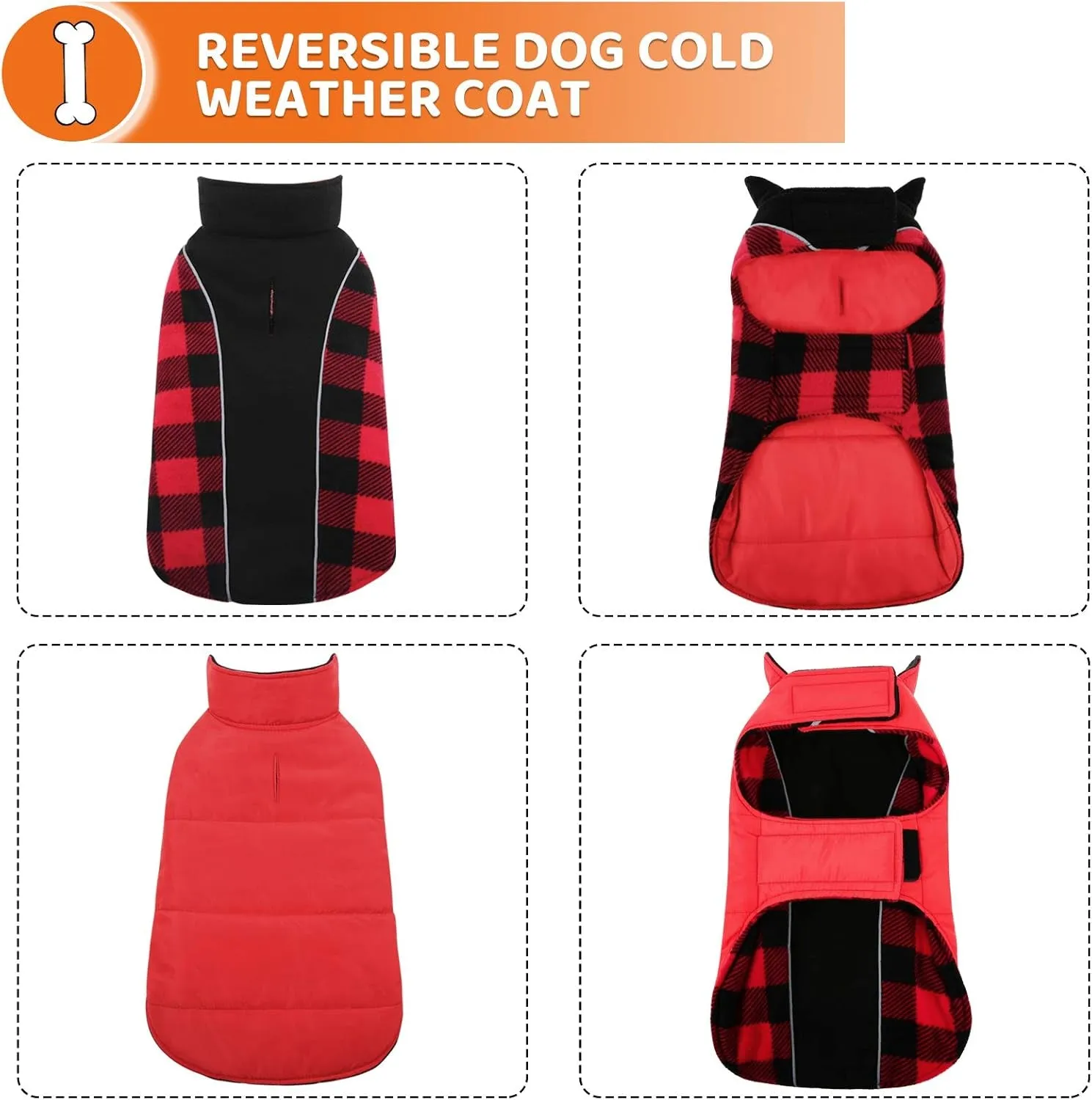 Dog Winter Jacket, Plaid Dog Coat Reversible Cold Weather Dog Jackets with Reflective Straps, Warm Dog Coats Windproof Waterproof Dog Snow Vest for Small Medium Large Dogs, Burgundy S