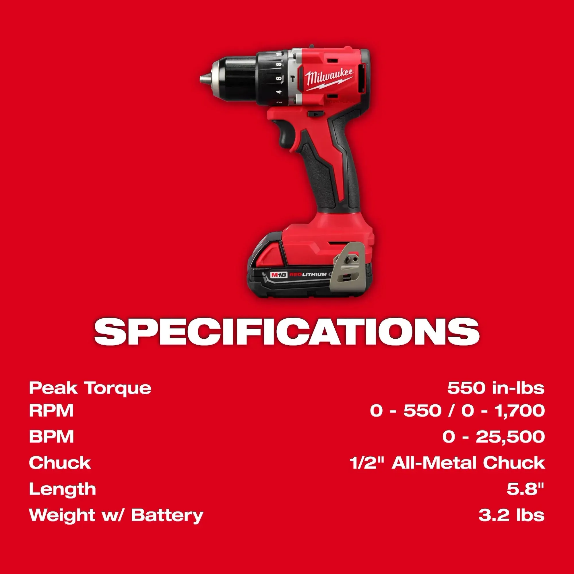 Drill/Driver Kit - Milwaukee M18™ Compact Brushless 1/2" Hammer Drill/Driver Kit, 3602-22CT
