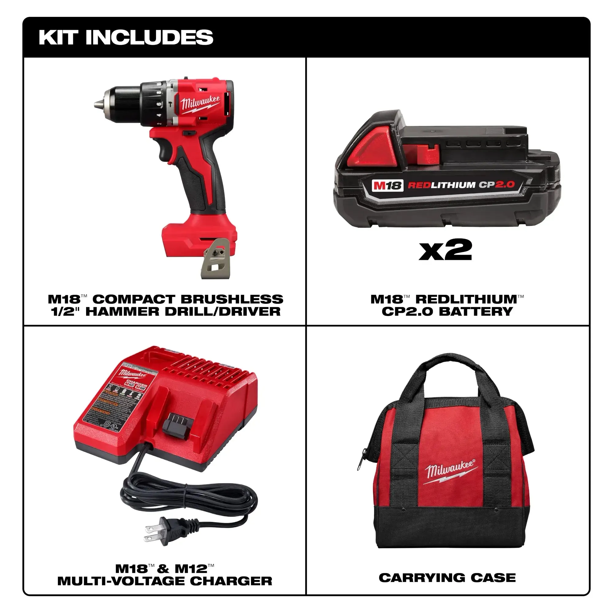 Drill/Driver Kit - Milwaukee M18™ Compact Brushless 1/2" Hammer Drill/Driver Kit, 3602-22CT
