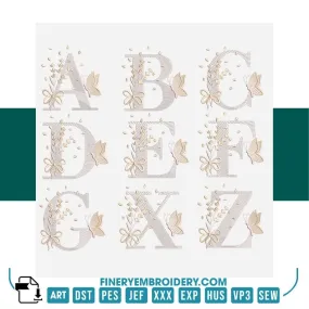 Elegant Butterfly and Bow Alphabet Embroidery Design Pack – 26 Letters | FineryEmbroidery