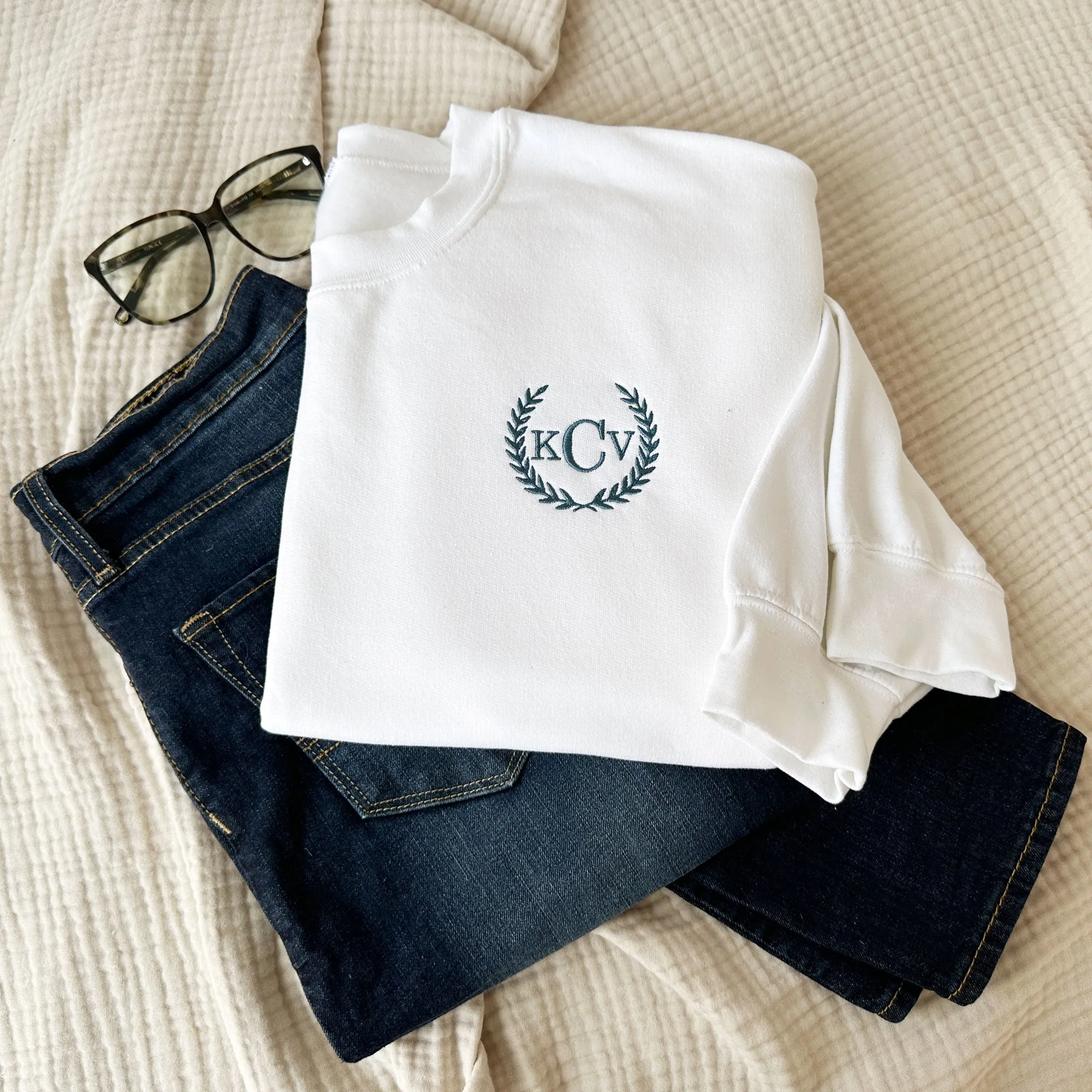 Embroidered Laurel Monogrammed Crewneck