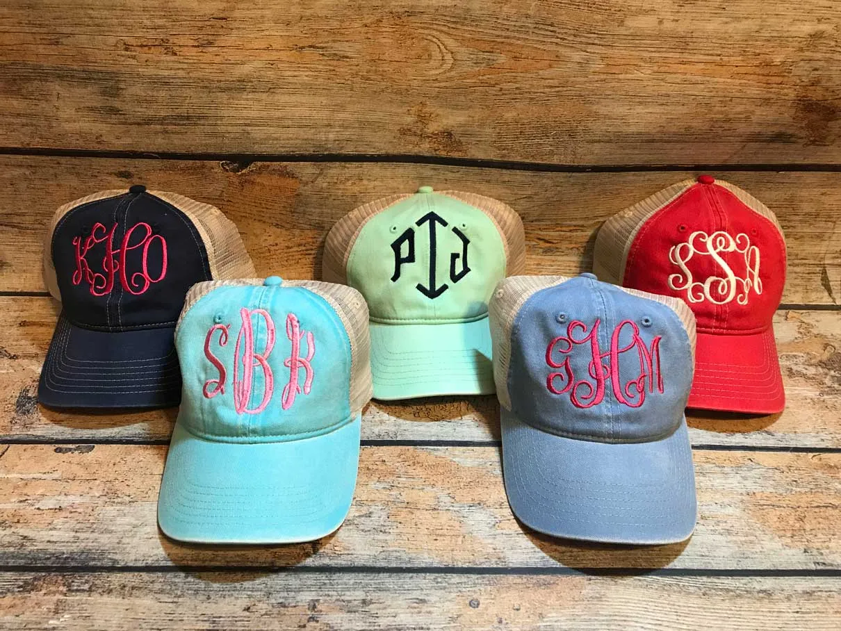 Embroidered Monogram Trucker Distressed Hat