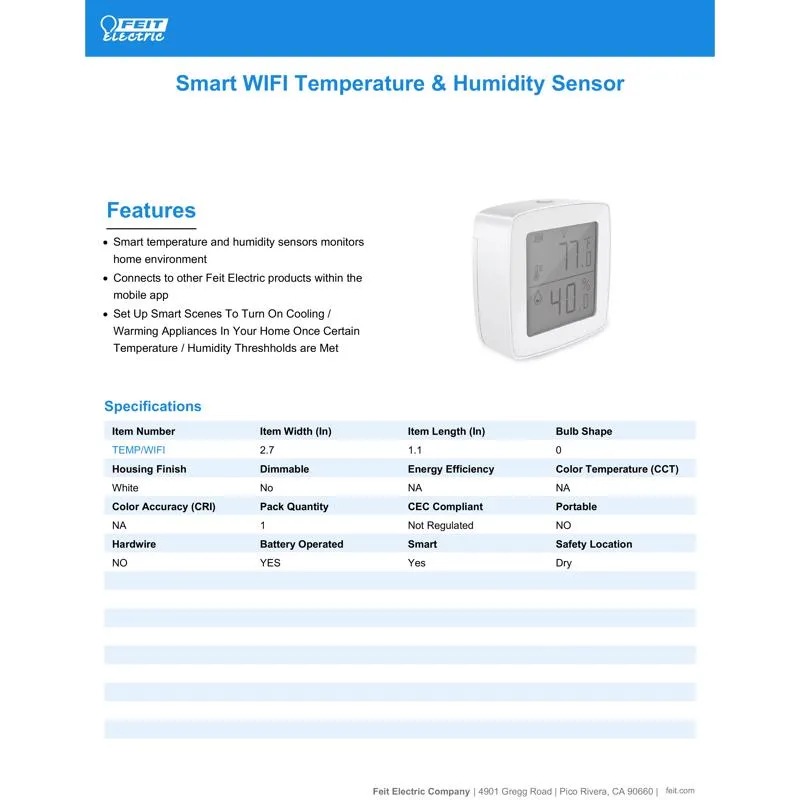 Feit Smart Home Built In WiFi Heating and Cooling Push Buttons Temperature & Humidity Sensor
