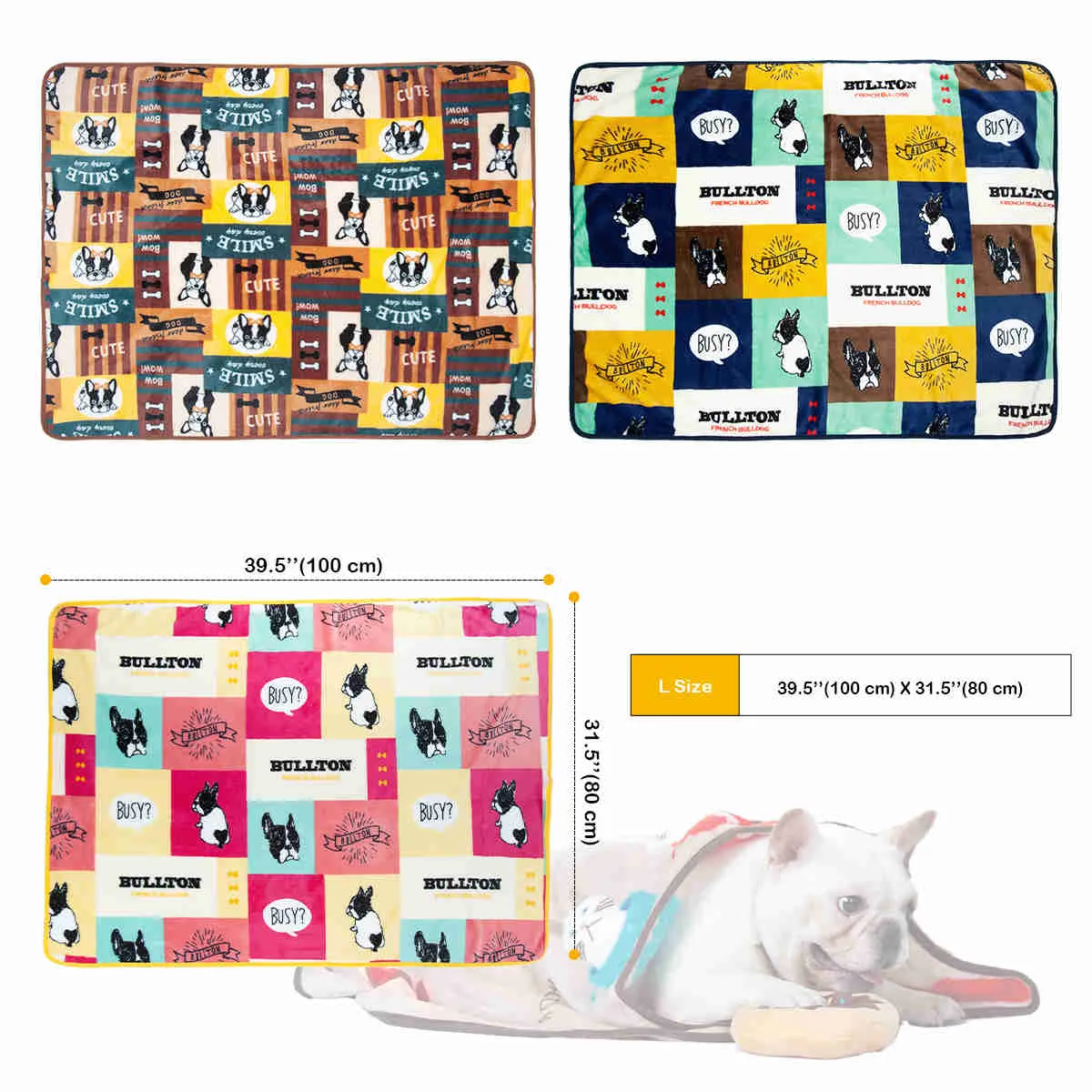 Fluffy Cats Dogs Blankets, 3 Pack  (French Bulldog, L)