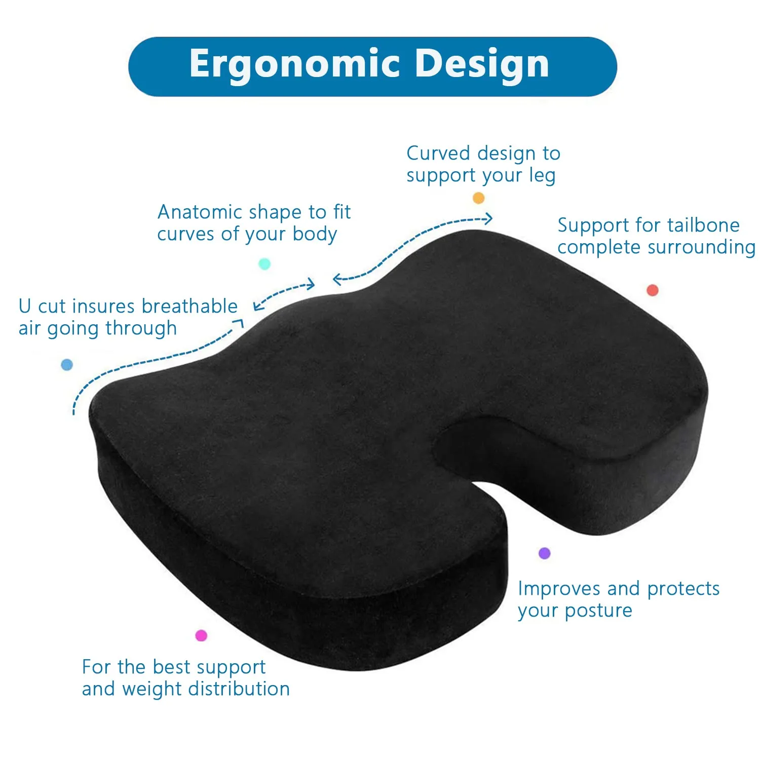 Gluckluz Coccyx Seat Cushion Orthopedic Chair Pad Pain Relief Memory Foam Cushion with Cover for Office Chair Car Tailbone Sciatica Wheelchair (Black)