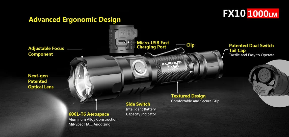 Klarus FX10 1000 Lumen Adjustable Focus Rechargeable Flashlight 1 x 18650 Battery CREE XP-L HI V3 LED