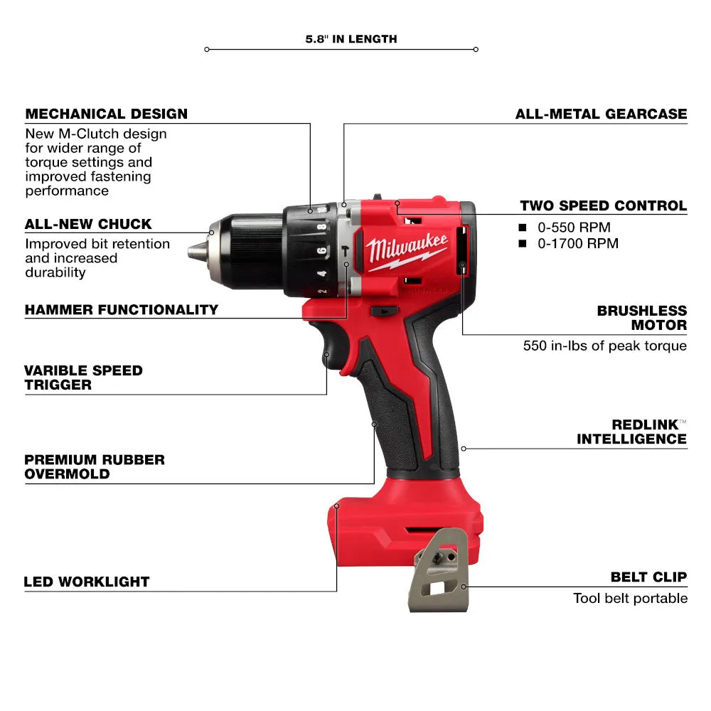 Milwaukee 3602-20 M18 18V 1/2" Compact Brushless Hammer Drill - Bare Tool