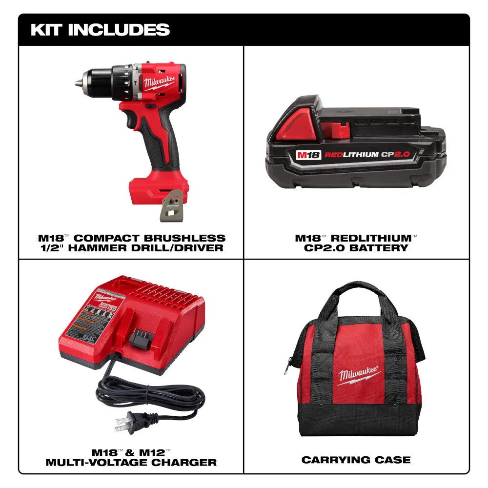 Milwaukee 3602-21P M18 18V 1/2" Compact Brushless Hammer Drill Kit