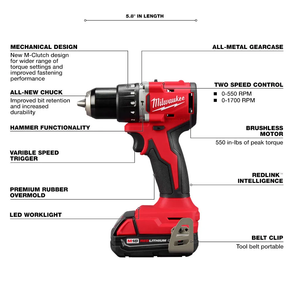 Milwaukee 3602-21P M18 18V 1/2" Compact Brushless Hammer Drill Kit