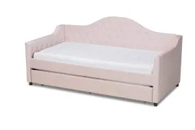 Perry Modern and Contemporary Light Pink Velvet Fabric Upholstered and Button Tufted Twin Size Daybed with Trundle