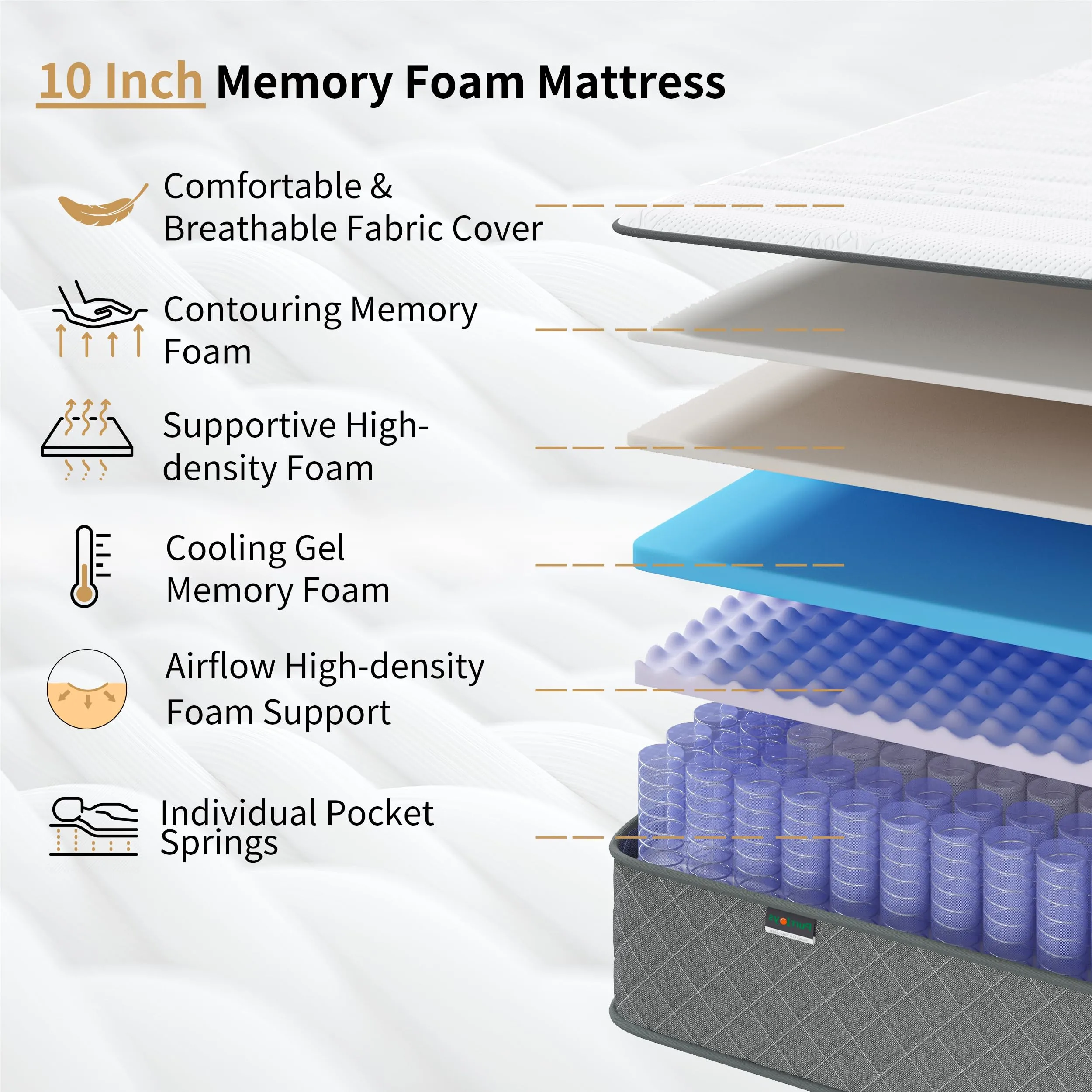 PurrJoys Mattress Queen Size, 10 Inch Hybrid Memory Foam Firm Queen Mattress Size with Hybrid Queen Bed Mattress in a Box Pressure Relief & Supportive Queen Size Mattress