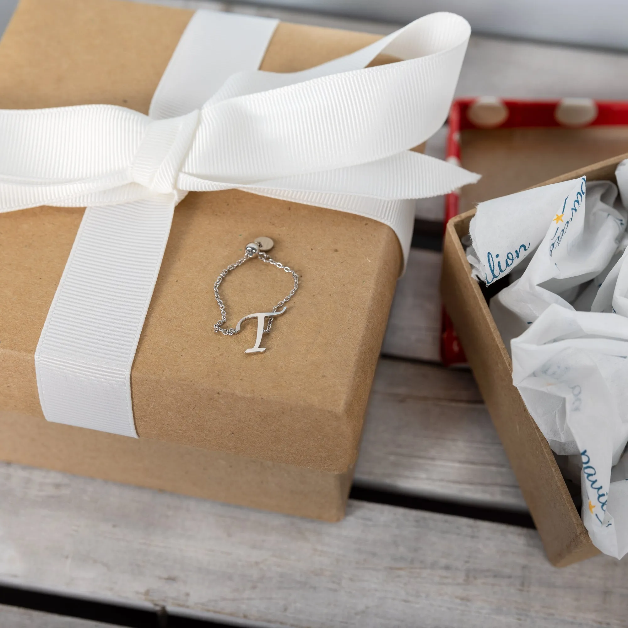 T Adjustable Rhodium Plated Monogram Ring