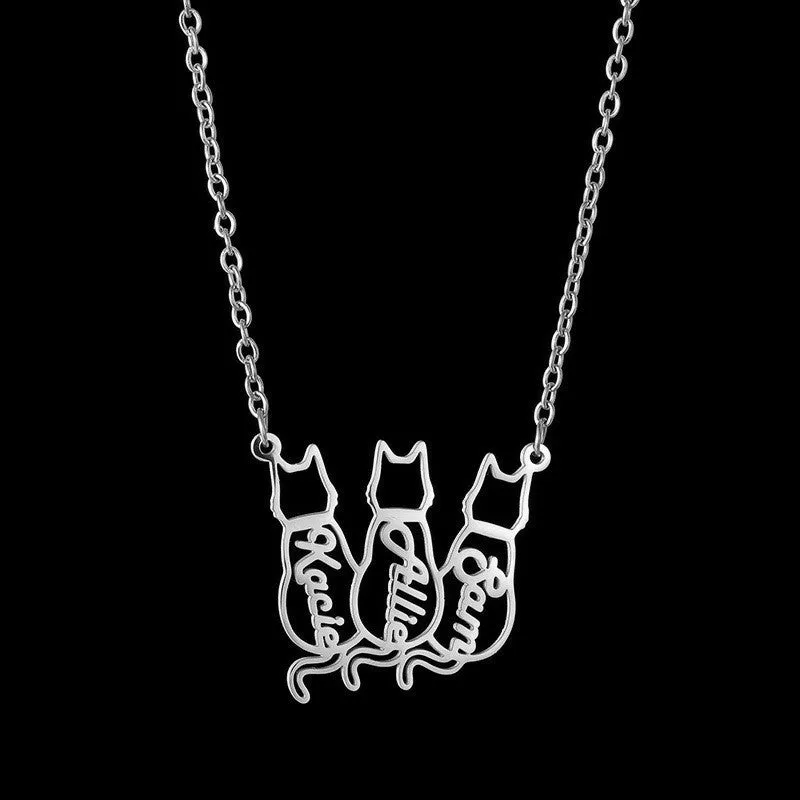 Women's Personalized Titanium Cute Kitten Monogrammed Necklace