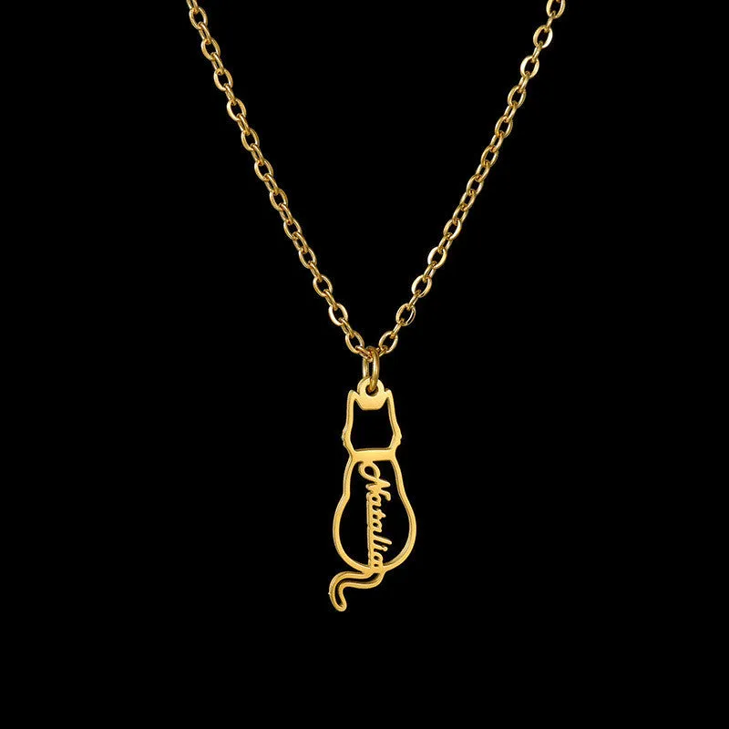 Women's Personalized Titanium Cute Kitten Monogrammed Necklace