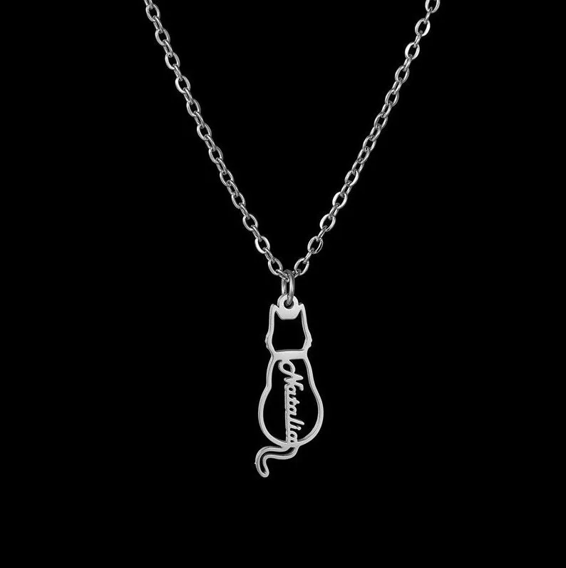 Women's Personalized Titanium Cute Kitten Monogrammed Necklace