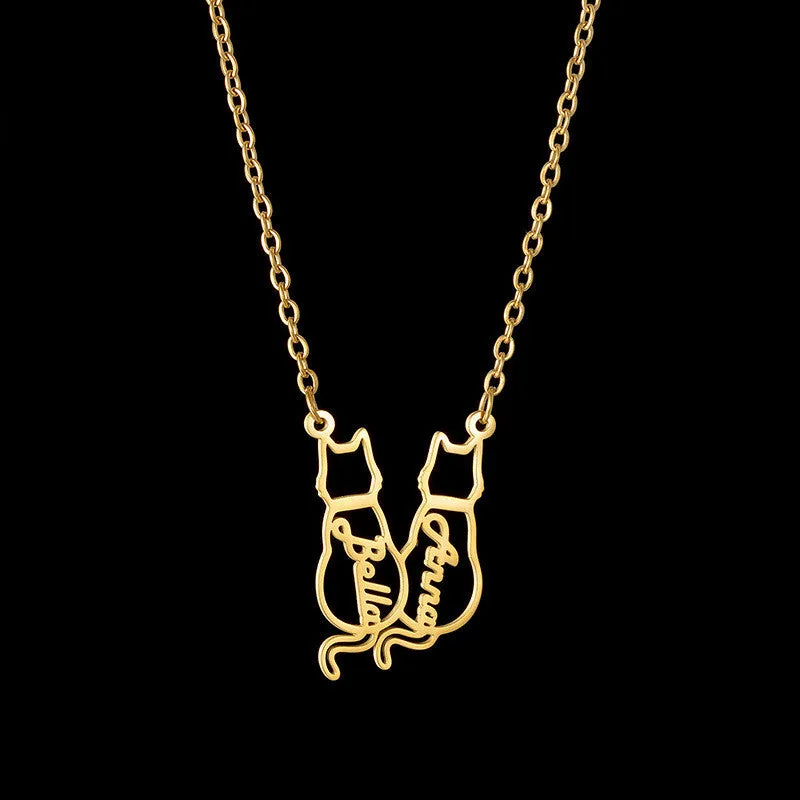 Women's Personalized Titanium Cute Kitten Monogrammed Necklace