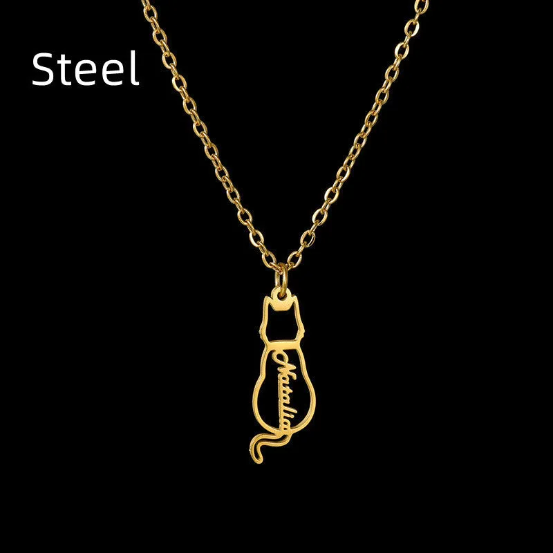 Women's Personalized Titanium Cute Kitten Monogrammed Necklace