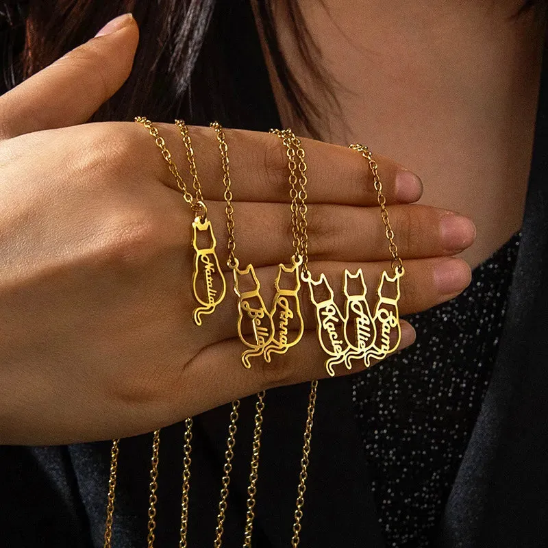 Women's Personalized Titanium Cute Kitten Monogrammed Necklace