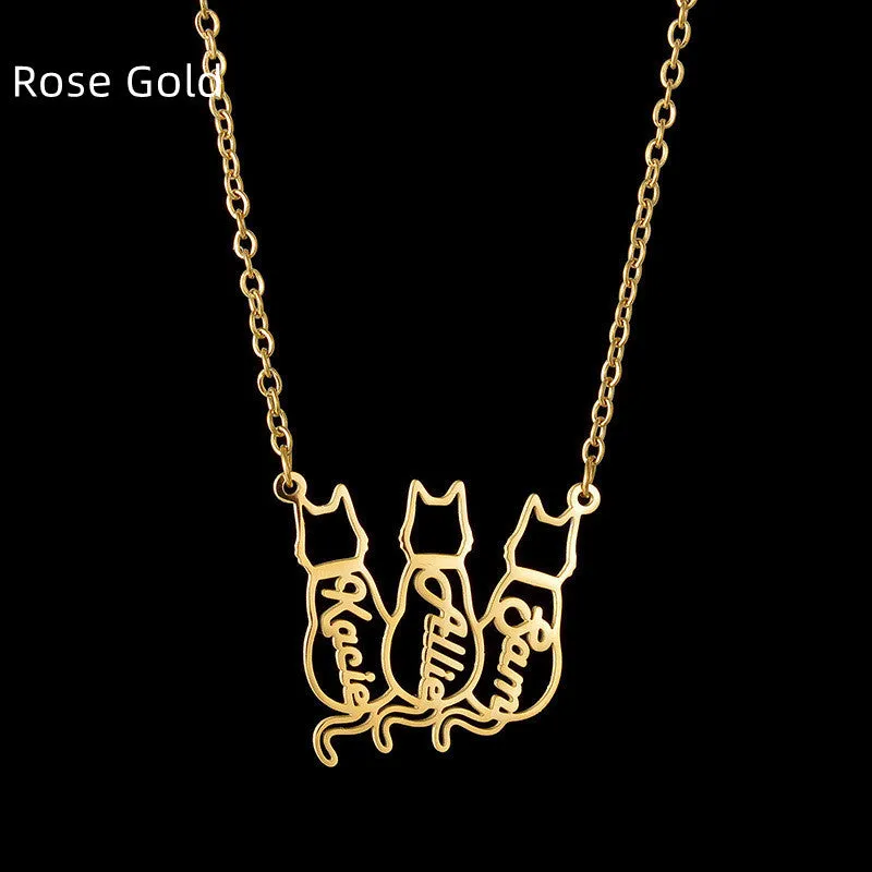 Women's Personalized Titanium Cute Kitten Monogrammed Necklace