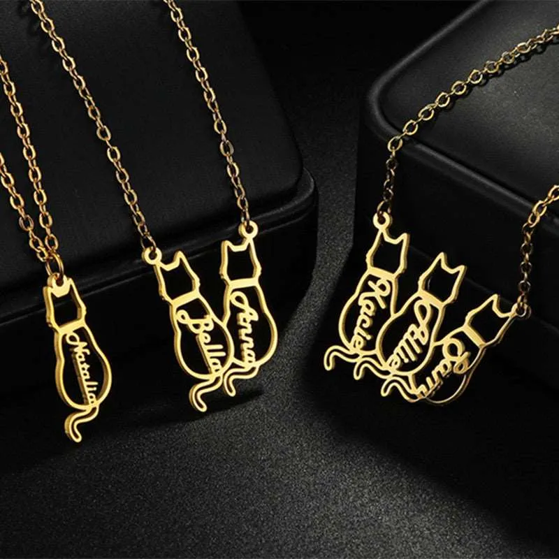 Women's Personalized Titanium Cute Kitten Monogrammed Necklace