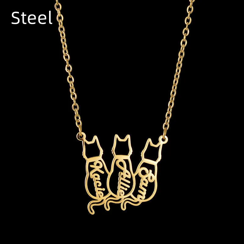 Women's Personalized Titanium Cute Kitten Monogrammed Necklace