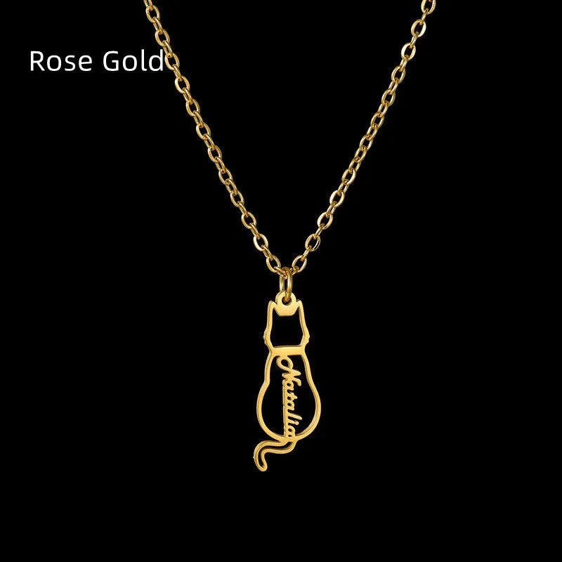 Women's Personalized Titanium Cute Kitten Monogrammed Necklace
