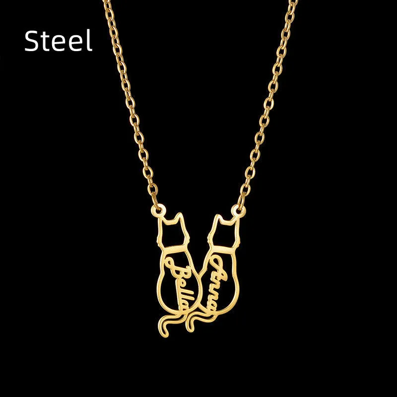 Women's Personalized Titanium Cute Kitten Monogrammed Necklace