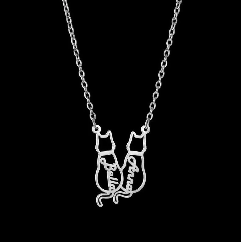 Women's Personalized Titanium Cute Kitten Monogrammed Necklace