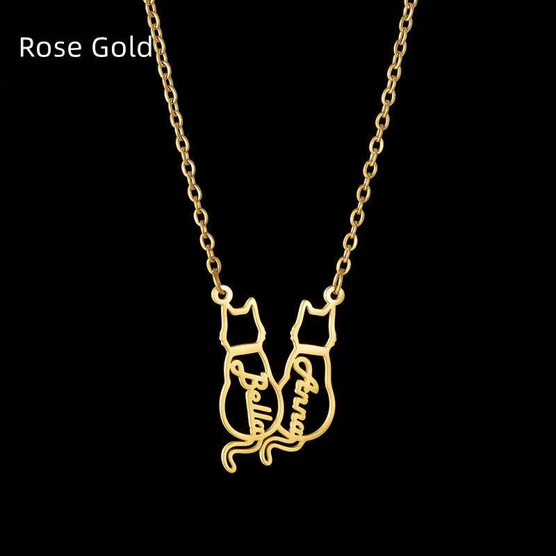 Women's Personalized Titanium Cute Kitten Monogrammed Necklace